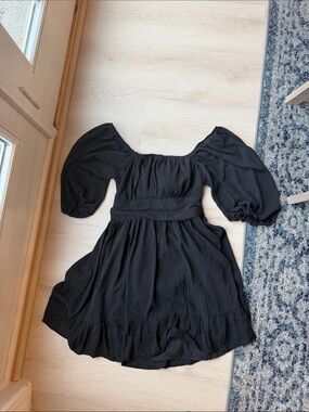 Girls' Black Puff-Sleeve Dress - Classic A-Line